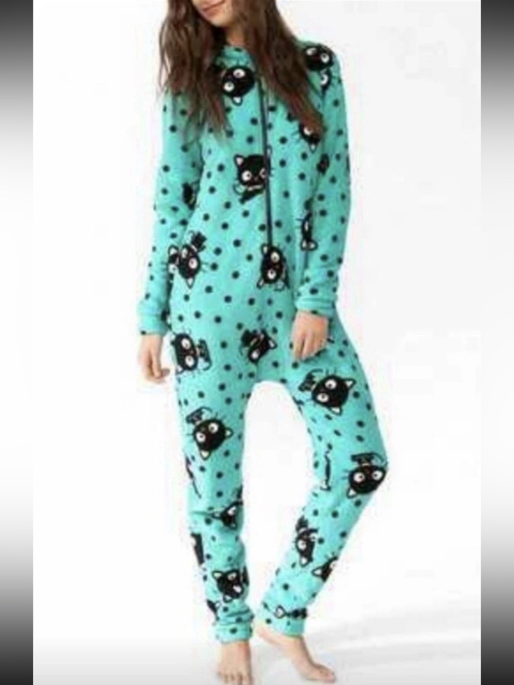Forever 21 Sanrio Chococat One Piece Zip up Hooded Pajamas Fleece Plush Sz Small - Picture 10 of 10